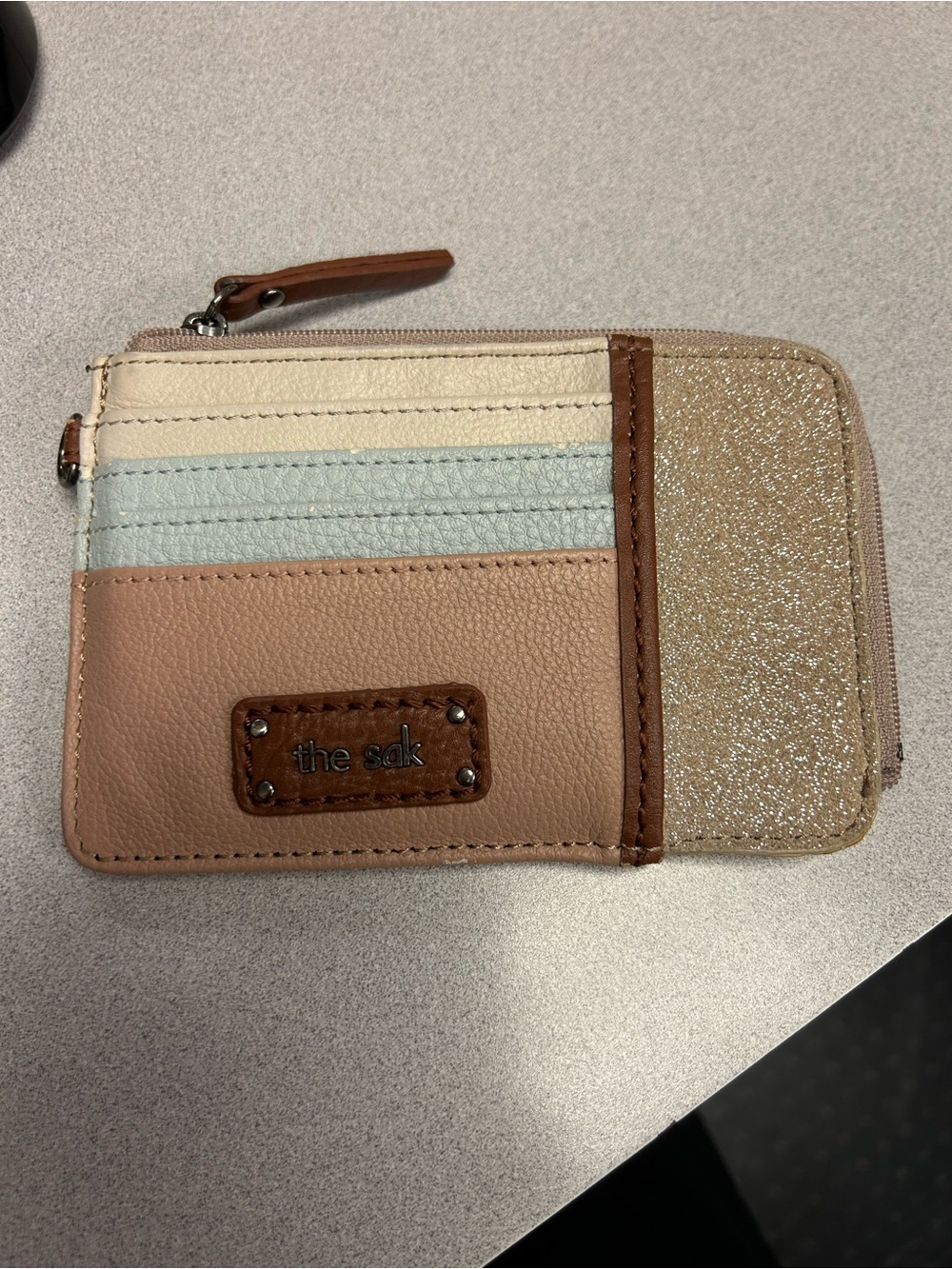 The Sak Small Card Holder in Pink, Cream, Light Blue and Gold Glitter